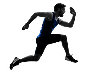 Fototapeta na wymiar one caucasian runner sprinter running sprinting athletics man silhouette isolated on white background
