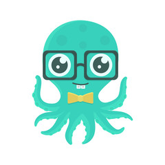 Vector illustration of cute kid octopus with glasses and bow tie.