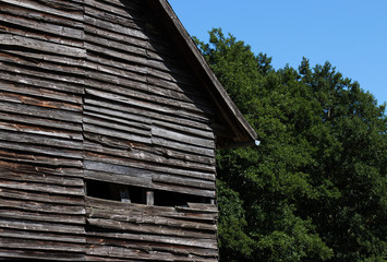 Fototapeta na wymiar Baufälliger Schuppen mit Wald im Hintergrund bei blauen Himmel