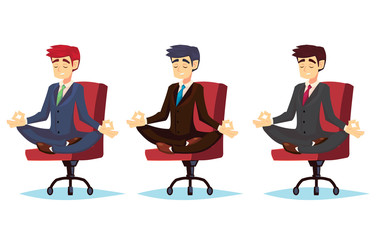 Illustration of a calm, young cartoon businessman sitting cross-legged, smiling and meditating Business man in business clothes suit Vector illustrations in cartoon style character office worker