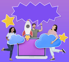 People holding cloud computing icons and a copy space