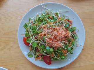 White dish of Salad with sunflower sprouts and red tomato on the wood table.