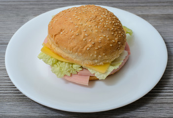Tasty delicious burger with cheese and sausage on white plate