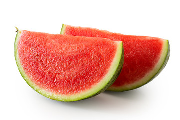 Two wedges od seedless watermelon  isolated on white. - obrazy, fototapety, plakaty