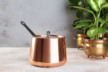 Vintage copper casserole and green plants