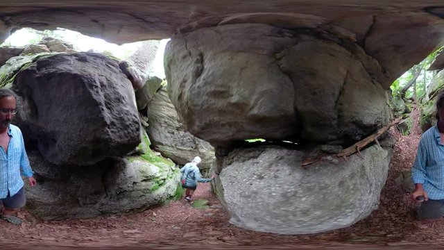 360 vr of hiking through large boulders in a forest of rhododendron.