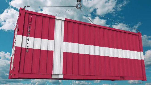 Cargo container with flag of Denmark. Danish import or export related conceptual 3D animation