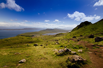 Tourists favourite place in Scotland - Isle of Skye. Scotland green nature. Top of the mountains. Beautiful nature. Scottish Highlands.