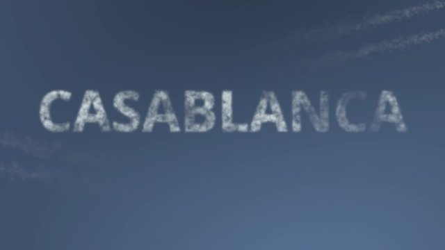 Flying airplanes reveal Casablanca caption. Traveling to Morocco conceptual intro animation