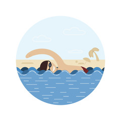 A man swims, a swimmer in the water, a man in the sea or the ocean. Summer, beach, vacation. Vector, illustration, flat