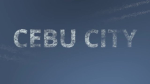Flying airplanes reveal Cebu City caption. Traveling to Philippines conceptual intro animation