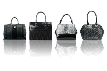 Black female handbags collection isolated on white background.Front view.

