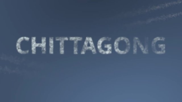 Flying airplanes reveal Chittagong caption. Traveling to Bangladesh conceptual intro animation