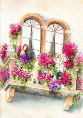 Fototapeta na wymiar watercolor balcony in bright pink and purple flowers