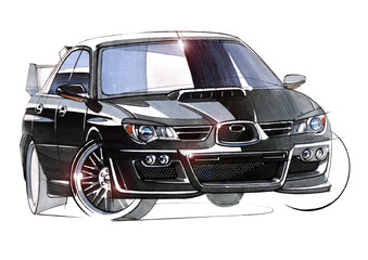 Sketch urban youth car in a sporty style with a powerful high-speed motor.