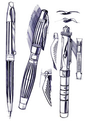 Draft sketch development of the design of an exclusive pen and ballpoint pen.