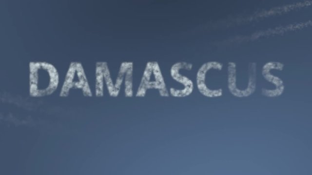 Flying airplanes reveal Damascus caption. Traveling to Syria conceptual intro animation