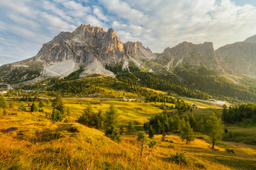 Morning panorama view from top of Falzarego pass with Lagazuoi mountain range, South Tyrol, Italy, Europe.