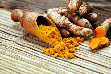 Turmeric powder and fresh turmeric on grey background