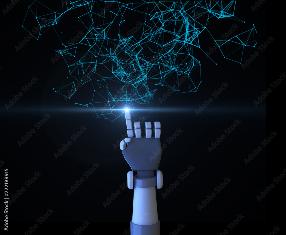 Poster robot finger pointing with digital data and network connection triangle lines isolated on black back