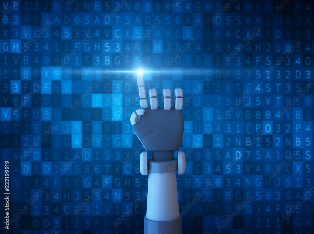 Aufkleber robot finger pointing with light isolated on computer data code background in futuristic technology 