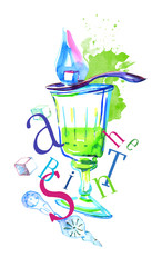 Glass with absinthe, burning sugar and spoon. Watercolor hand drawn expressive illustration with title