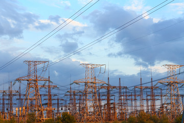 power line evening photo / industrial area shortly before sunset