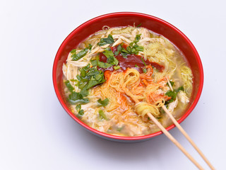 a cup of mee-hoon soup isolated on the white background