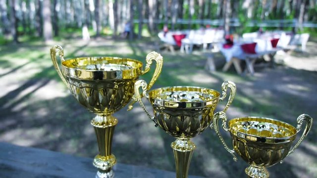 three winner cups of the frist second and the third place in the podium, outdoor. Clip. Trophies