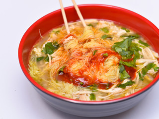 a cup of mee-hoon soup isolated on the white background