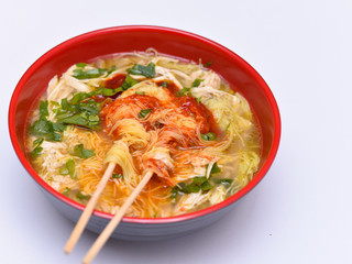 a cup of mee-hoon soup isolated on the white background