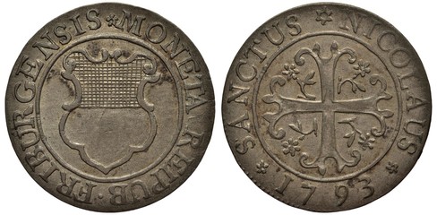 Switzerland Swiss silver coin 2 two kreuzer 1793, Canton Freiburg, shield with grid, decorated...
