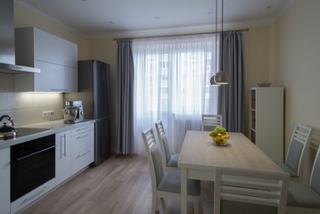 Interior. Kitchen modern, white, gray, beige color