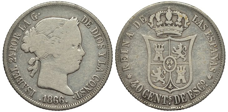 Spain Spanish silver coin 40 forty centimos 1866, ruler Queen Isabel, head right, crowned shield with lions and towers, value below, heavy wear,