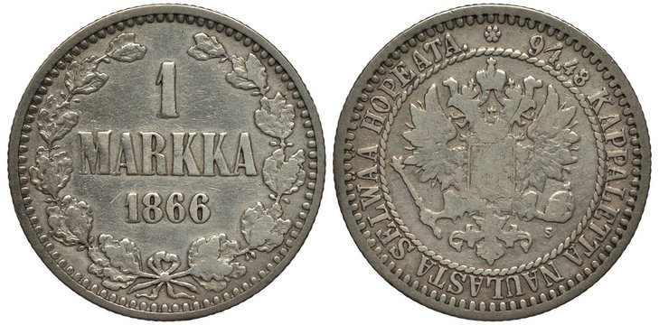 Finland Finnish silver coin 1 one mark 1866, Russian Administration, ruler Emperor Alexander II, value and date flanked by oak and laurel sprigs, imperial eagle, circular inscription with purity info,