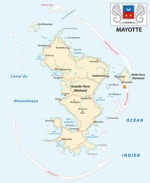 Department of Mayotte road vector map with coat of arms