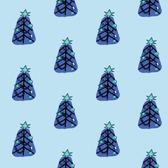 Lovely Christmas and New Year concept seamless pattern for winter holidays ornaments in bright colors. Stylish winter natural background in vector. Fir trees on blue background.