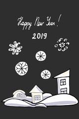 Cartoon houses of different shapes on a black background in snowdrifts. New Year sticker.