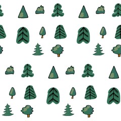 Green seamless pattern of different trees and bushes. Vector forest illustration on white background. Simple cartoon flat style. The best for design textile fabric paper, wallpaper, kids. Wrapping.