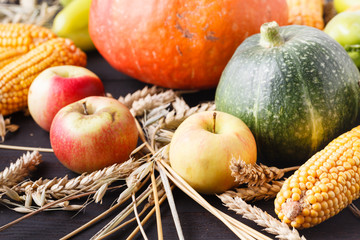 Thanksgiving - different pumpkins with nuts, berries and grain in front of wooden board