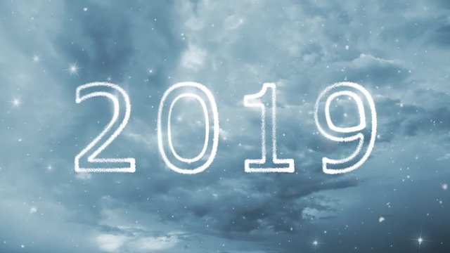 Happy New Year 2019 on cloudy sky decoration background.