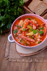 Rassolnik soup with pickled cucumbers. Russian cuisine meal