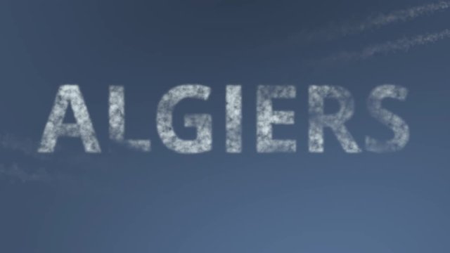 Flying airplanes reveal Algiers caption. Traveling to Algeria conceptual intro animation