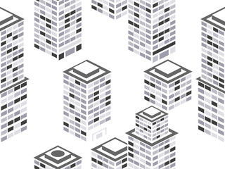 Fototapeta premium Cityscape seamless pattern. Isometric city buildings, metropolis. Black and white colors. Vector illustration