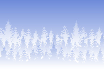 Vector winter forested landscape covered in white snow on blue background.