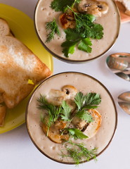 Food. Cream soup with сhampignon, greens, toasts