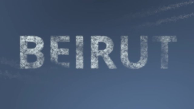 Flying airplanes reveal Beirut caption. Traveling to Lebanon conceptual intro animation