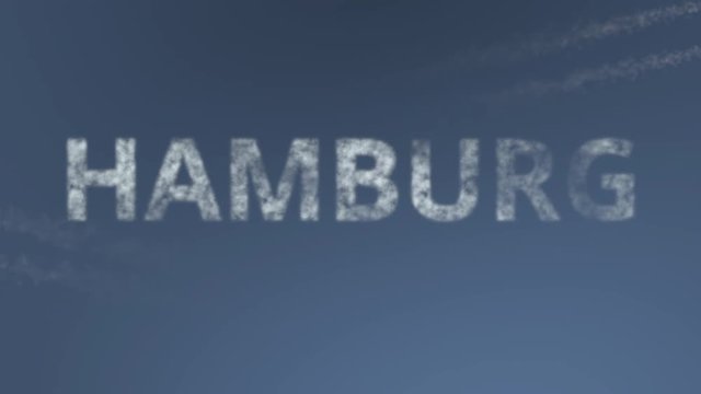 Flying airplanes reveal Hamburg caption. Traveling to Germany conceptual intro animation