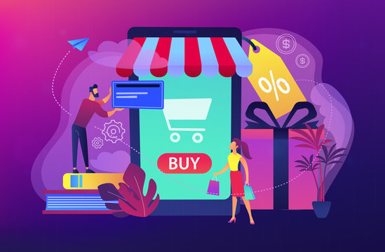 A couple near huge smartphone with buy icon on the screen make online purchases. Smart retail, retail mobility solutions, IoT and smart city concept, violet palette. Vector illustration on background.