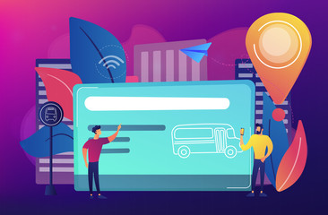 Bus travel card and users. Public transport pass, unlimited or pre-purchased trips, passenger card and transportation, transpot wireless payment concept, violet palette. Vector isolated illustration.